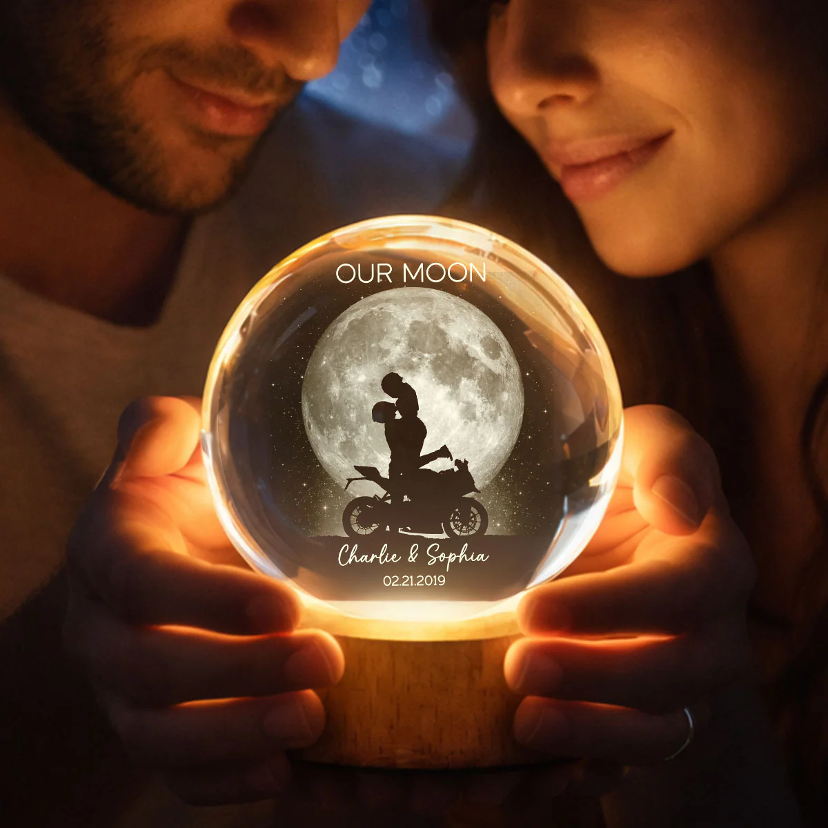 Biker Couple Kissing in the Moonlight, Custom Moon Phase by Date - Personalized Crystal Ball LED Night Light - Heartfelt Valentine's Day Gift for Her, for Him - Image 5