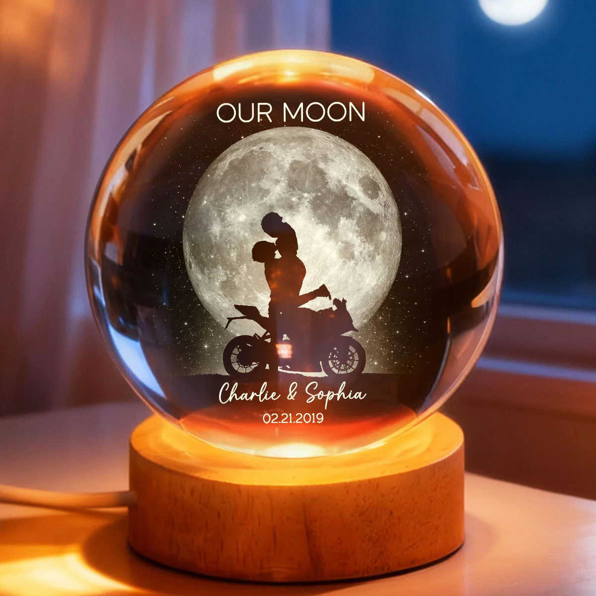 Biker Couple Kissing in the Moonlight, Custom Moon Phase by Date - Personalized Crystal Ball LED Night Light - Heartfelt Valentine's Day Gift for Her, for Him - Image 6