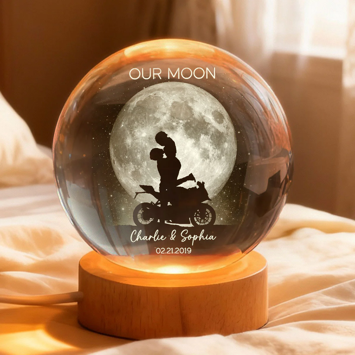 Biker Couple Kissing in the Moonlight, Custom Moon Phase by Date - Personalized Crystal Ball LED Night Light - Heartfelt Valentine's Day Gift for Her, for Him - Image 7