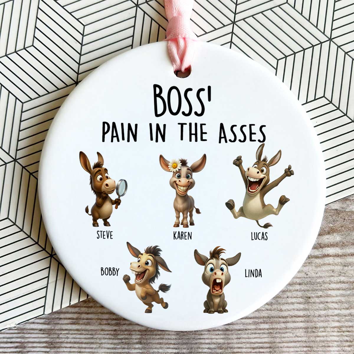 Boss Pain in the Asses, Funny Donkey Office Decoration - Personalized Ceramic Ornament - Custom Employee Gift Exchange, White Elephant Gift - Image 4