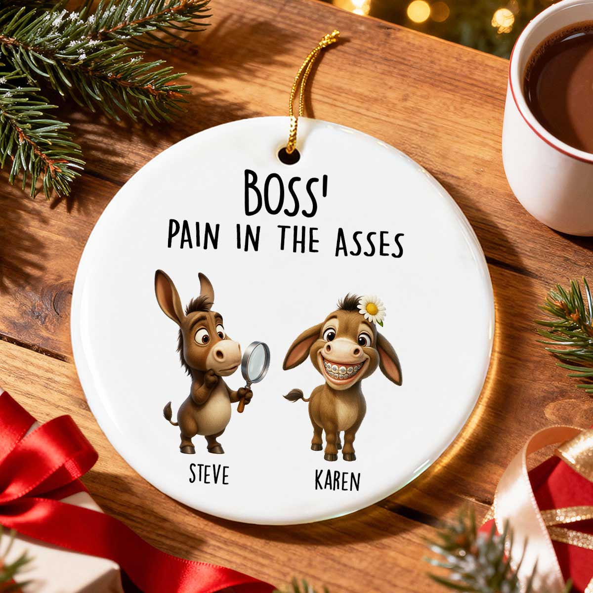 Boss Pain in the Asses, Funny Donkey Office Decoration - Personalized Ceramic Ornament - Custom Employee Gift Exchange, White Elephant Gift - Image 6