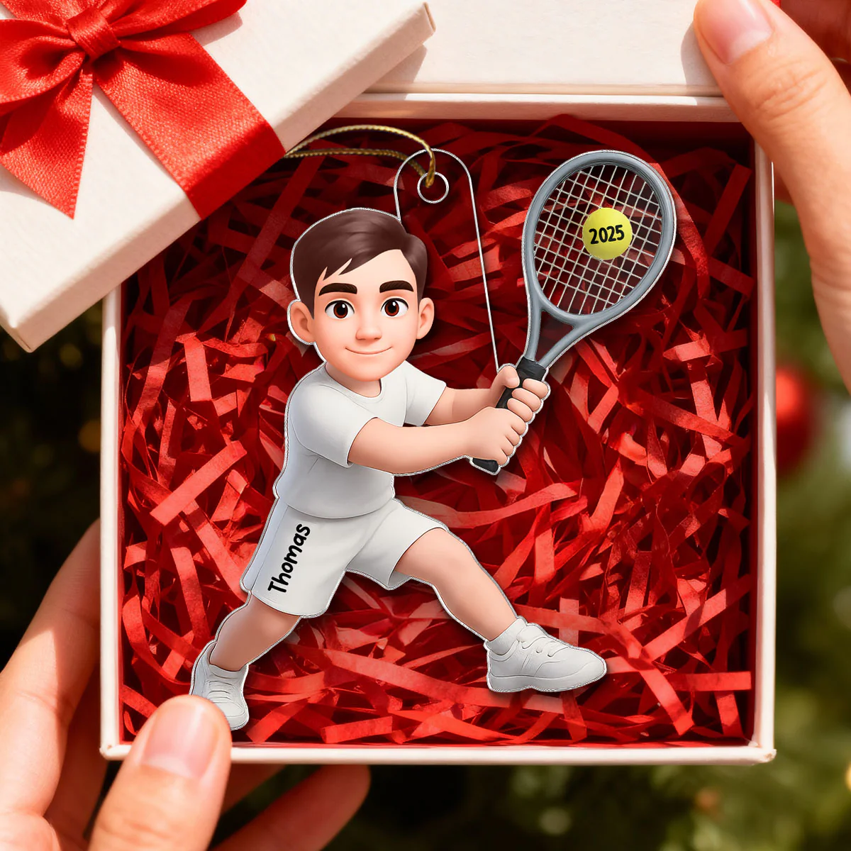 3D Effect Christmas Girl Boy Playing Tennis - Personalized Acrylic Ornament - Gift For Tennis Players, Grandson, Granddaughter - Image 3