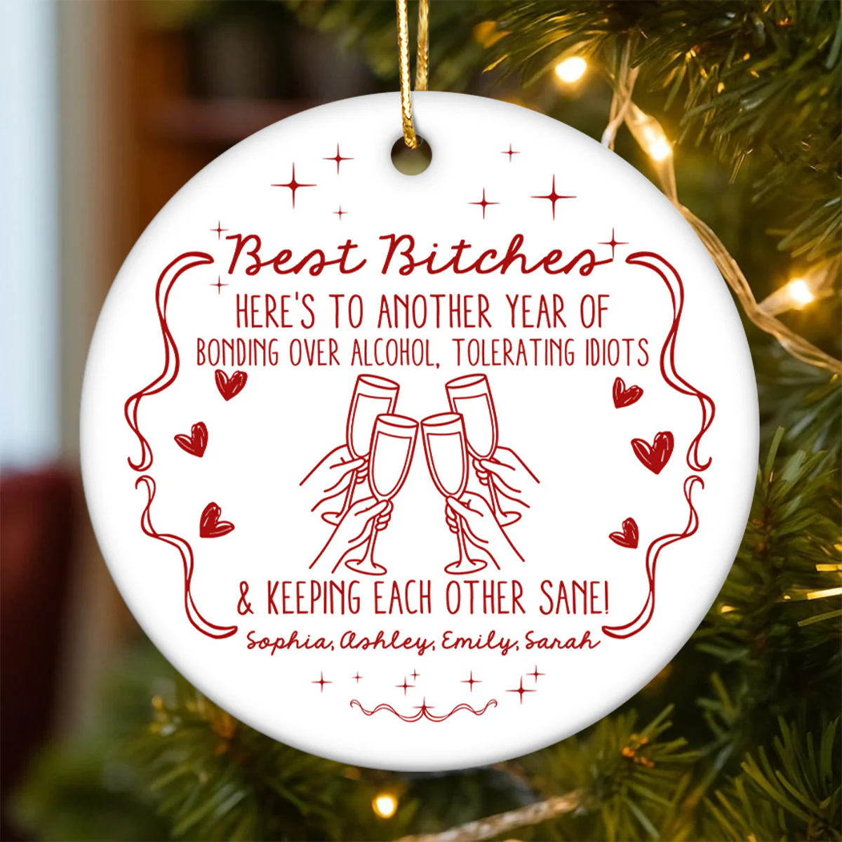Christmas Red Tone Funny Besties - Personalized Ceramic Ornament - Gift For Best Friends - Image 3