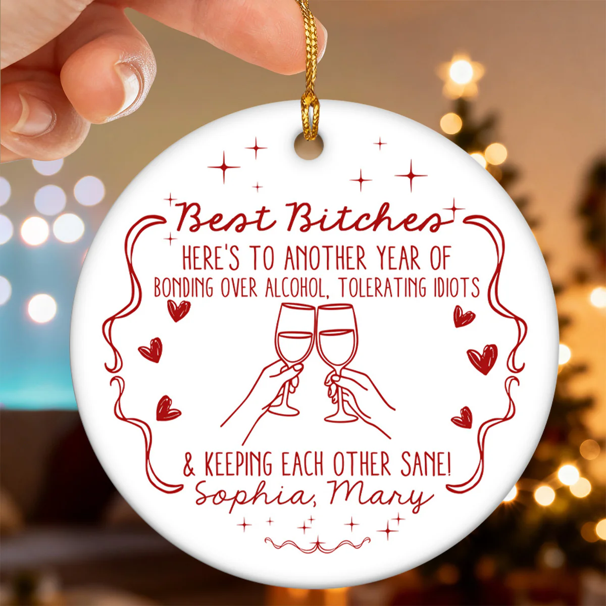 Christmas Red Tone Funny Besties - Personalized Ceramic Ornament - Gift For Best Friends - Image 4