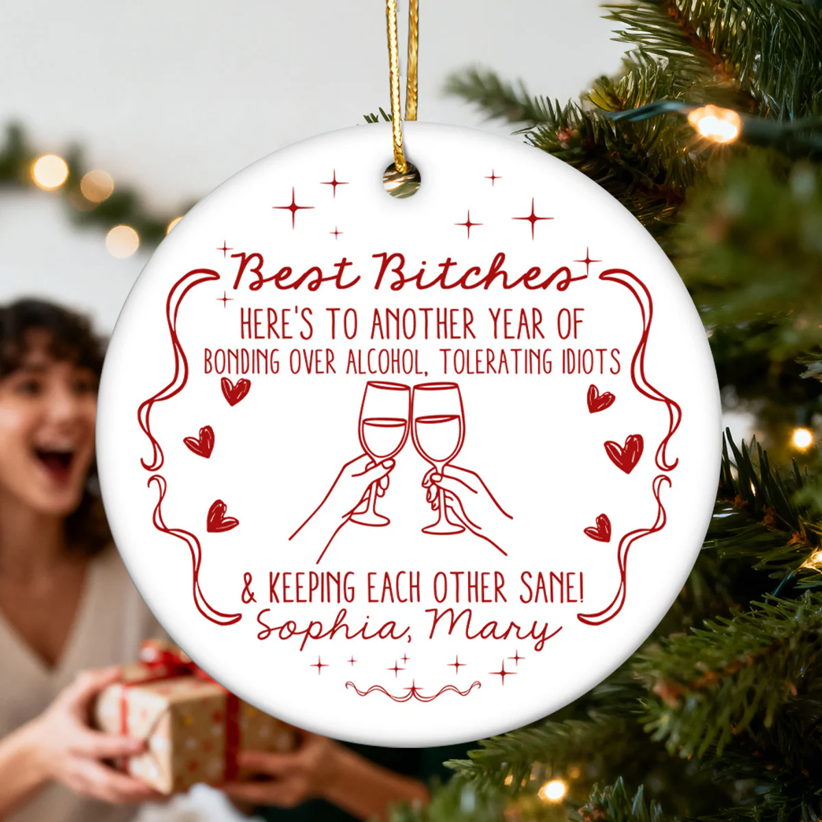 Christmas Red Tone Funny Besties - Personalized Ceramic Ornament - Gift For Best Friends - Image 6