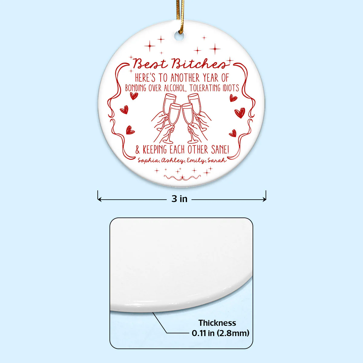 Christmas Red Tone Funny Besties - Personalized Ceramic Ornament - Gift For Best Friends - Image 7
