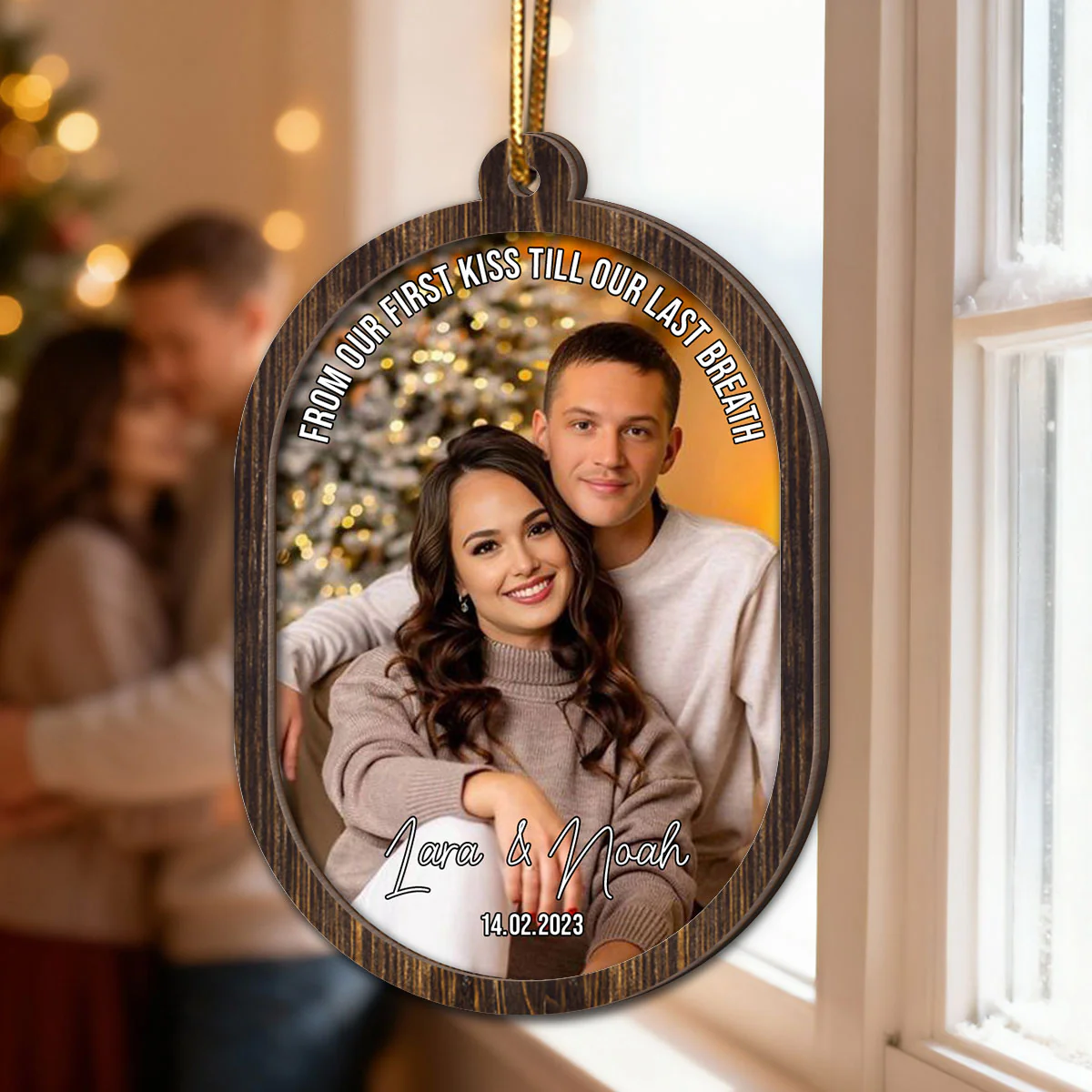 Couple Upload Photo Christmas - Personalized 2-Layered Wooden Ornament - Image 4