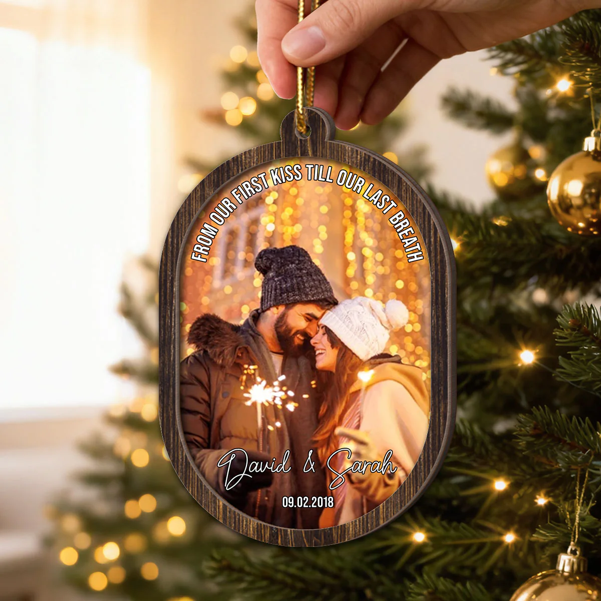Couple Upload Photo Christmas - Personalized 2-Layered Wooden Ornament - Image 5