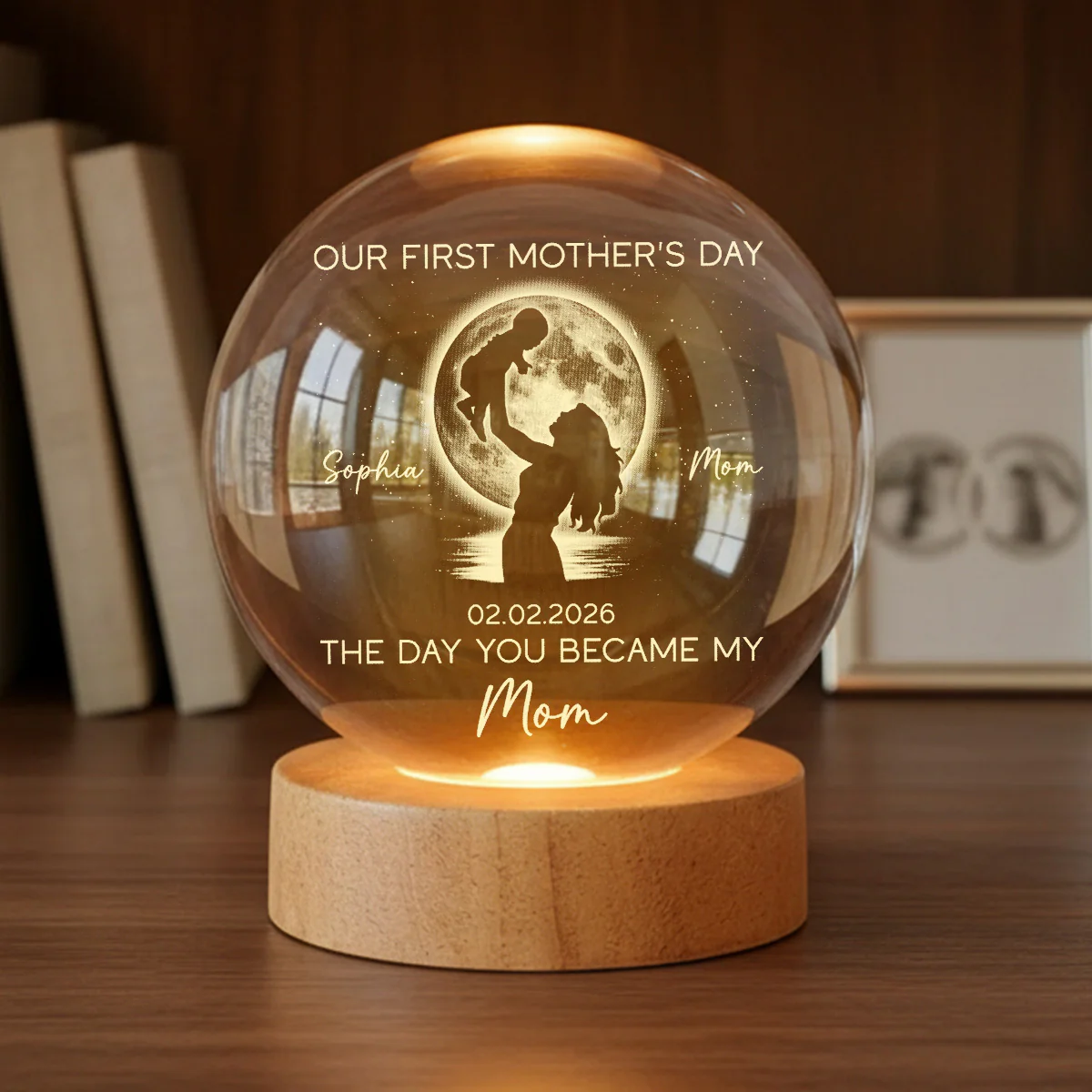 Custom Moon Phase First Mother's Day The Day You Became My Mom - Personalized Crystal Ball LED Night Light - First Mother's Day Gift For New Mom - Image 3