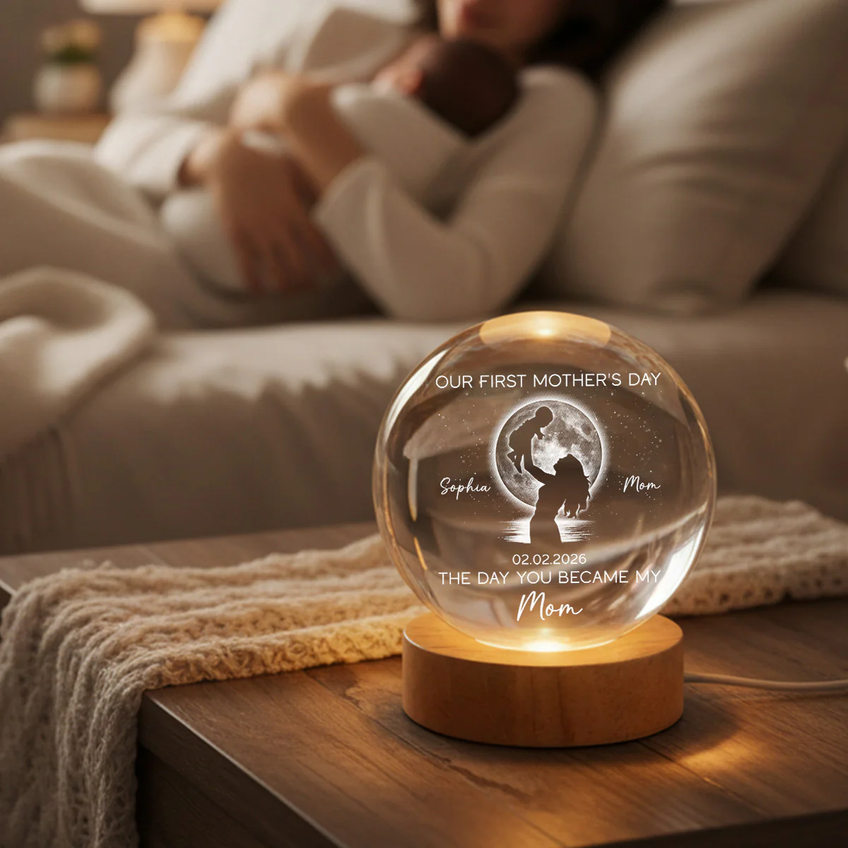 Custom Moon Phase First Mother's Day The Day You Became My Mom - Personalized Crystal Ball LED Night Light - First Mother's Day Gift For New Mom - Image 6