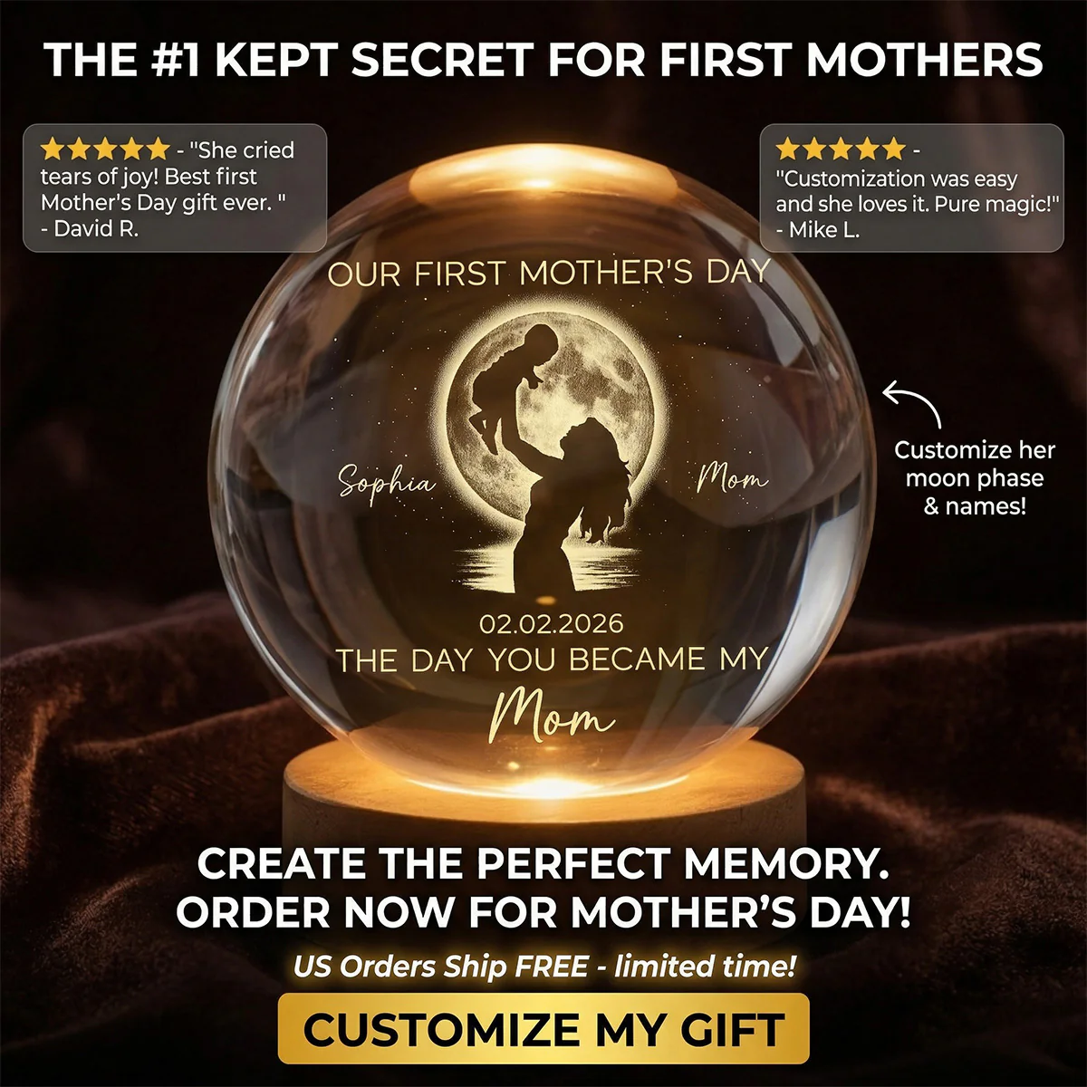 Custom Moon Phase First Mother's Day The Day You Became My Mom - Personalized Crystal Ball LED Night Light - First Mother's Day Gift For New Mom - Image 7