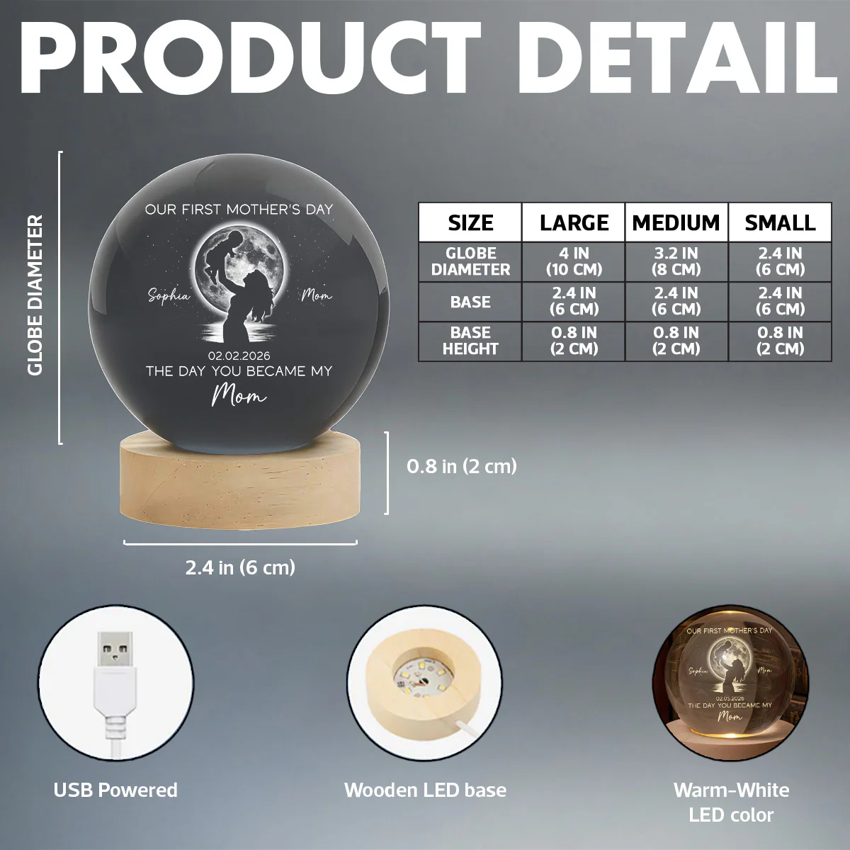 Custom Moon Phase First Mother's Day The Day You Became My Mom - Personalized Crystal Ball LED Night Light - First Mother's Day Gift For New Mom - Image 8