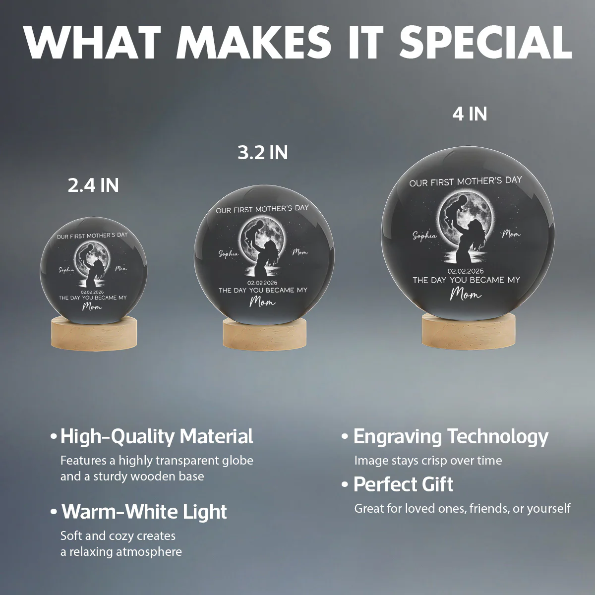 Custom Moon Phase First Mother's Day The Day You Became My Mom - Personalized Crystal Ball LED Night Light - First Mother's Day Gift For New Mom - Image 9