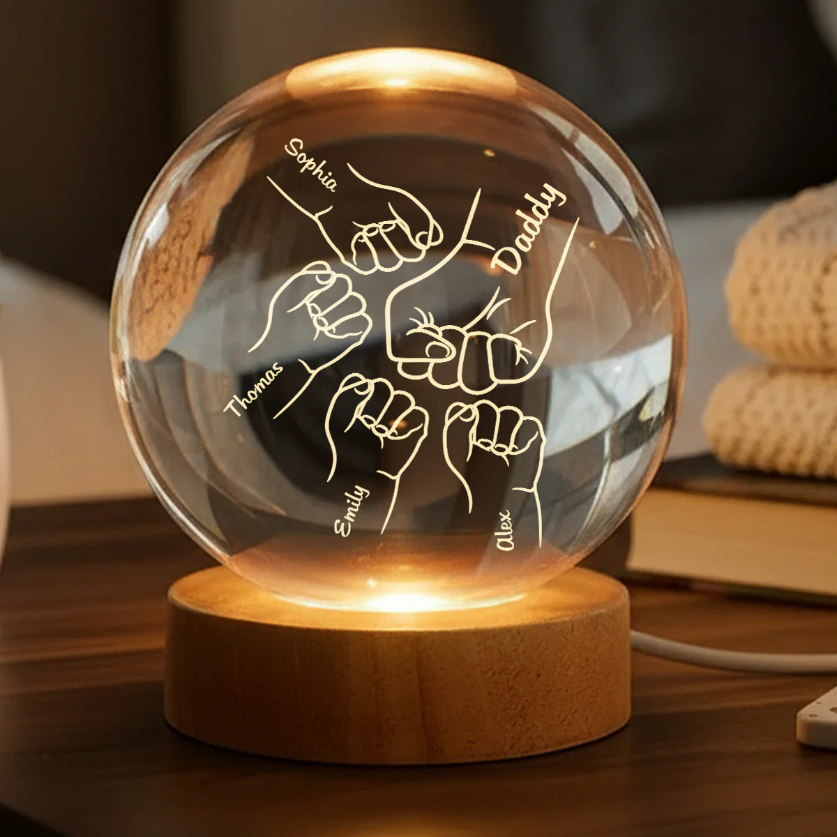 Dad Grandpa Fist Bump Custom Kids Names - Personalized Crystal Ball LED Night Light - Gift For Dad, Grandpa - Image 3