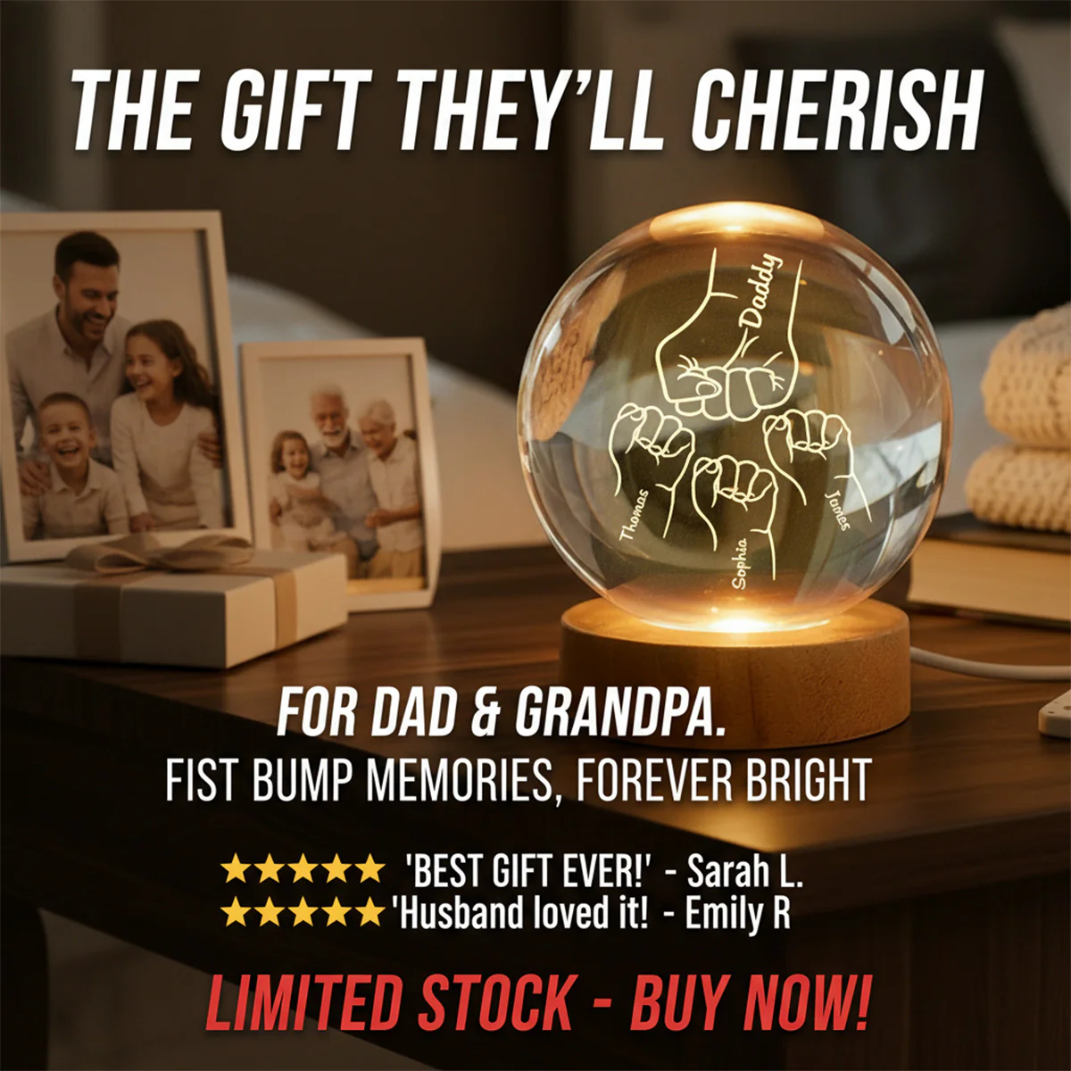 Dad Grandpa Fist Bump Custom Kids Names - Personalized Crystal Ball LED Night Light - Gift For Dad, Grandpa - Image 4