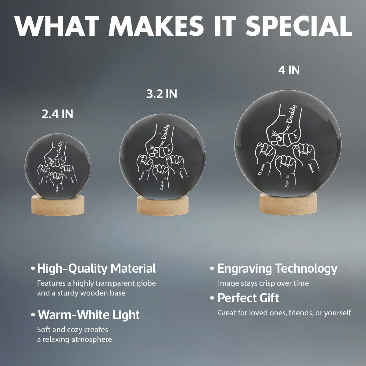 Dad Grandpa Fist Bump Custom Kids Names - Personalized Crystal Ball LED Night Light - Gift For Dad, Grandpa - Image 8