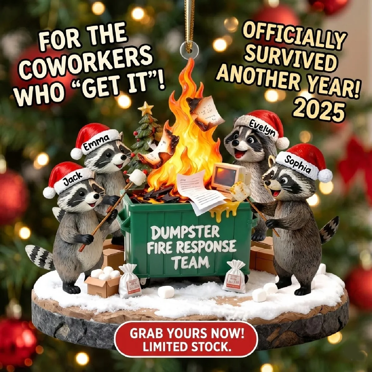 Dumpster Fire Response Team Funny Raccoons - Personalized Acrylic Ornament - Funny Gift For Coworkers, Work Besties - Image 3