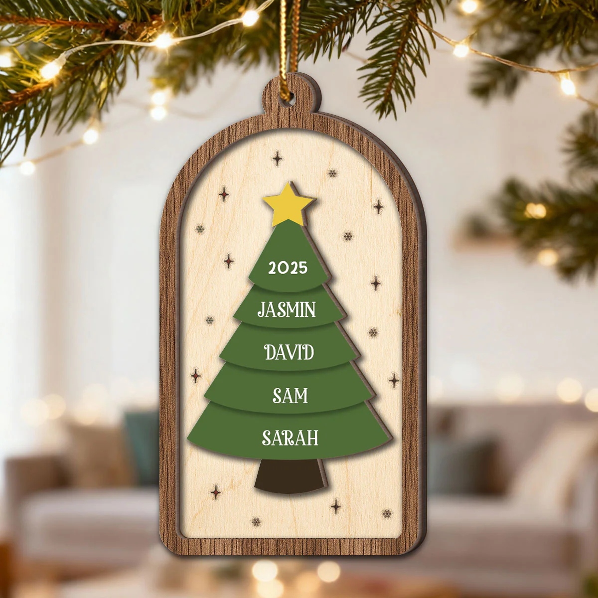 Festive Christmas Tree Family Names - Personalized 2-Layered Wooden Ornament - Image 3