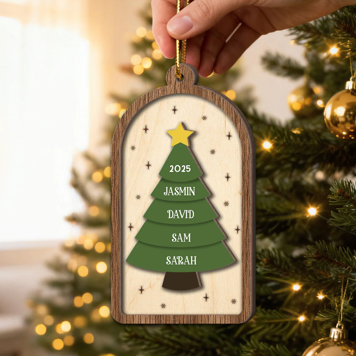 Festive Christmas Tree Family Names - Personalized 2-Layered Wooden Ornament - Image 6