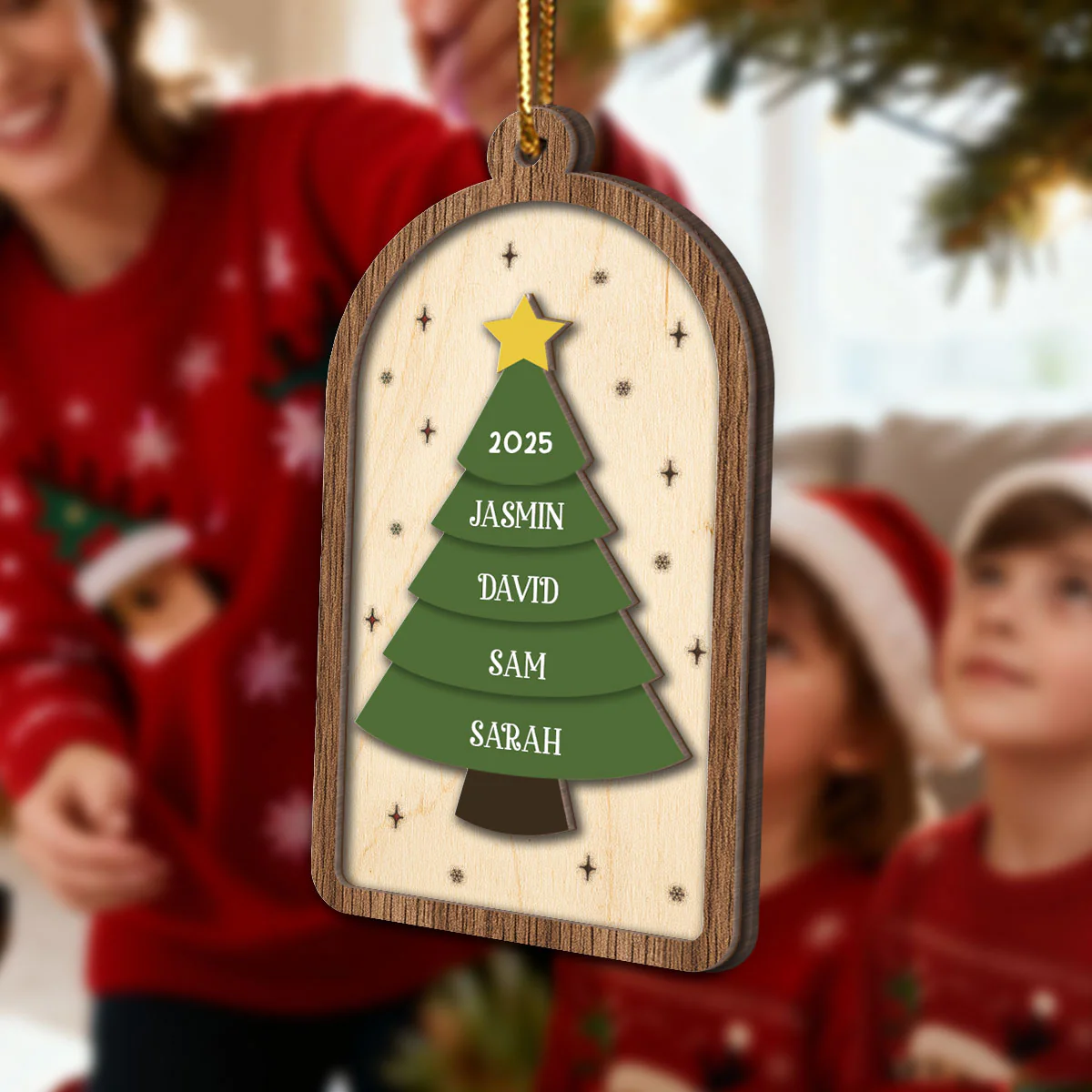 Festive Christmas Tree Family Names - Personalized 2-Layered Wooden Ornament - Image 7