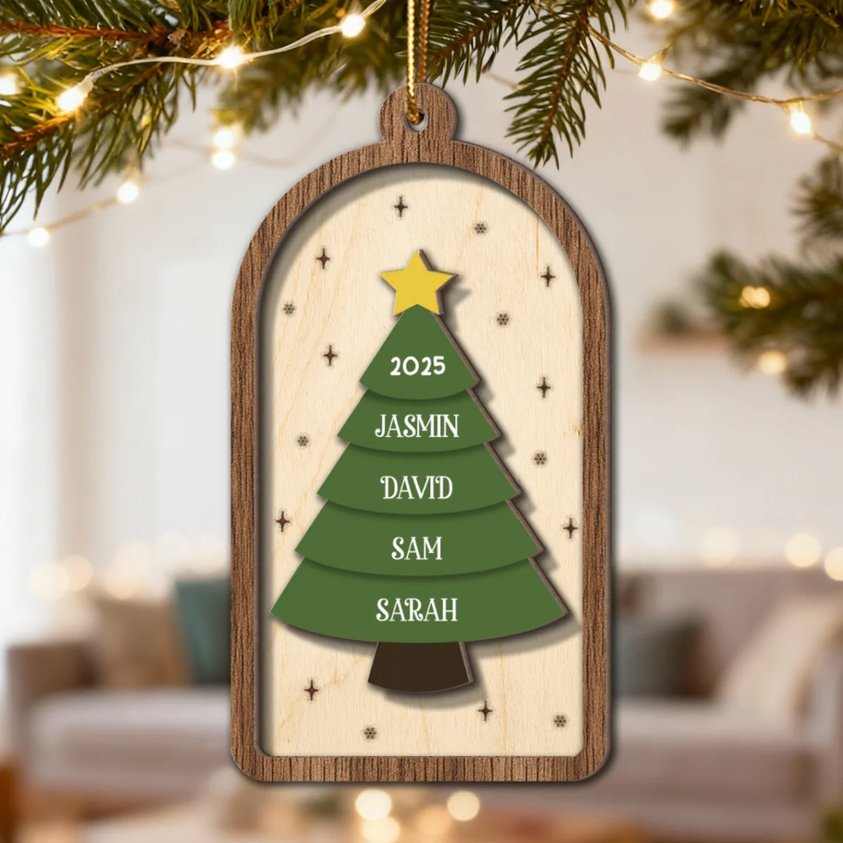 Festive Christmas Tree Family Names - Personalized 2-Layered Wooden Ornament - Image 8