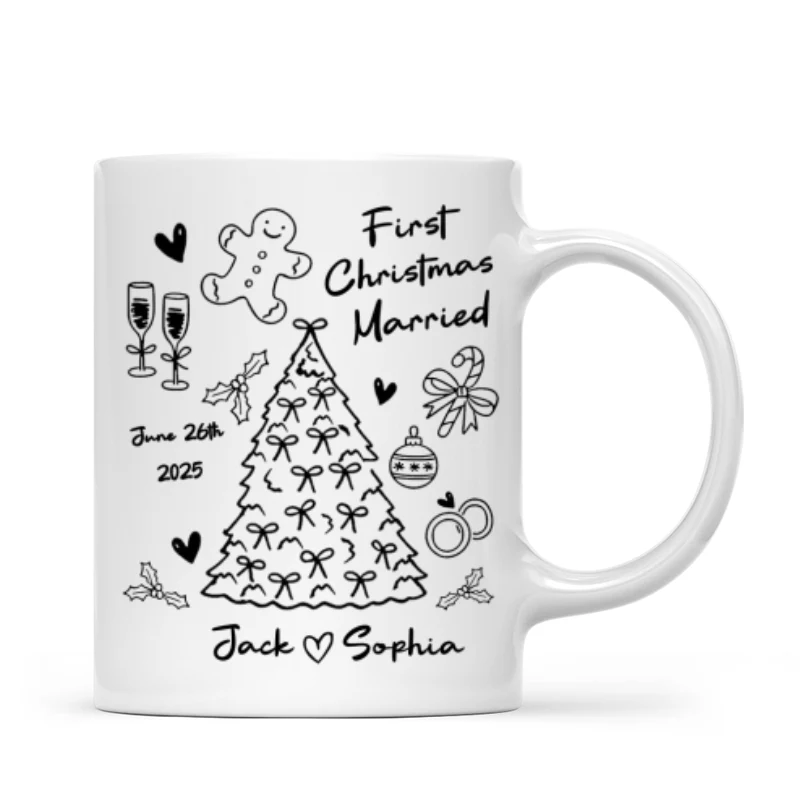 First Christmas Married Doodle Pattern - Personalized Mug - Christmas Gift For Him, For Her, For Couple - Image 10