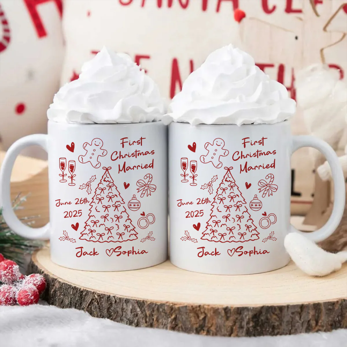 First Christmas Married Doodle Pattern - Personalized Mug - Christmas Gift For Him, For Her, For Couple - Image 3