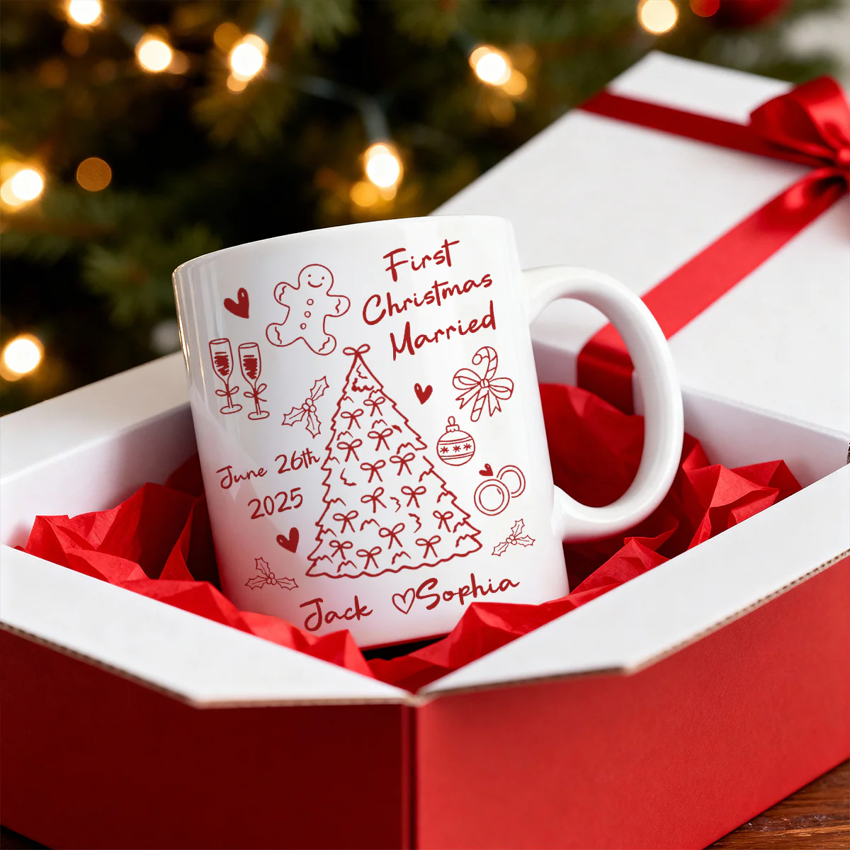 First Christmas Married Doodle Pattern - Personalized Mug - Christmas Gift For Him, For Her, For Couple - Image 4