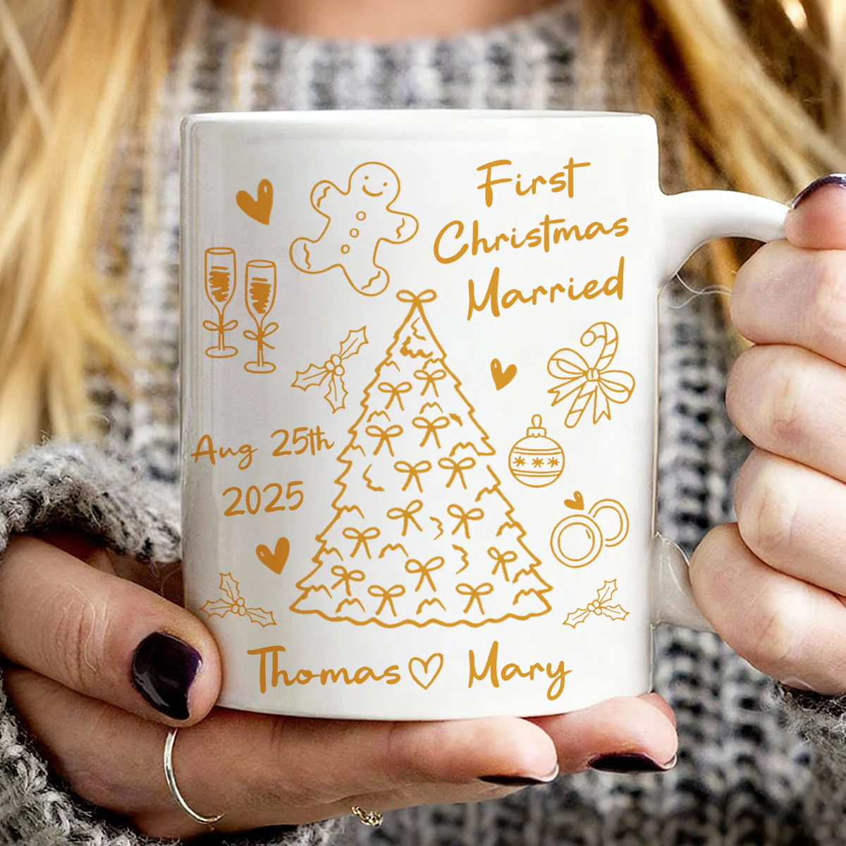 First Christmas Married Doodle Pattern - Personalized Mug - Christmas Gift For Him, For Her, For Couple - Image 5