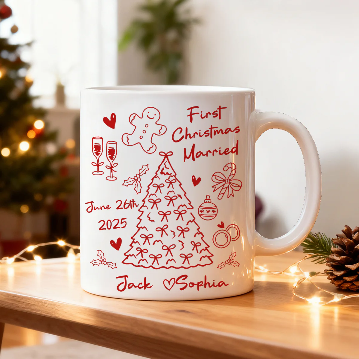 First Christmas Married Doodle Pattern - Personalized Mug - Christmas Gift For Him, For Her, For Couple - Image 6