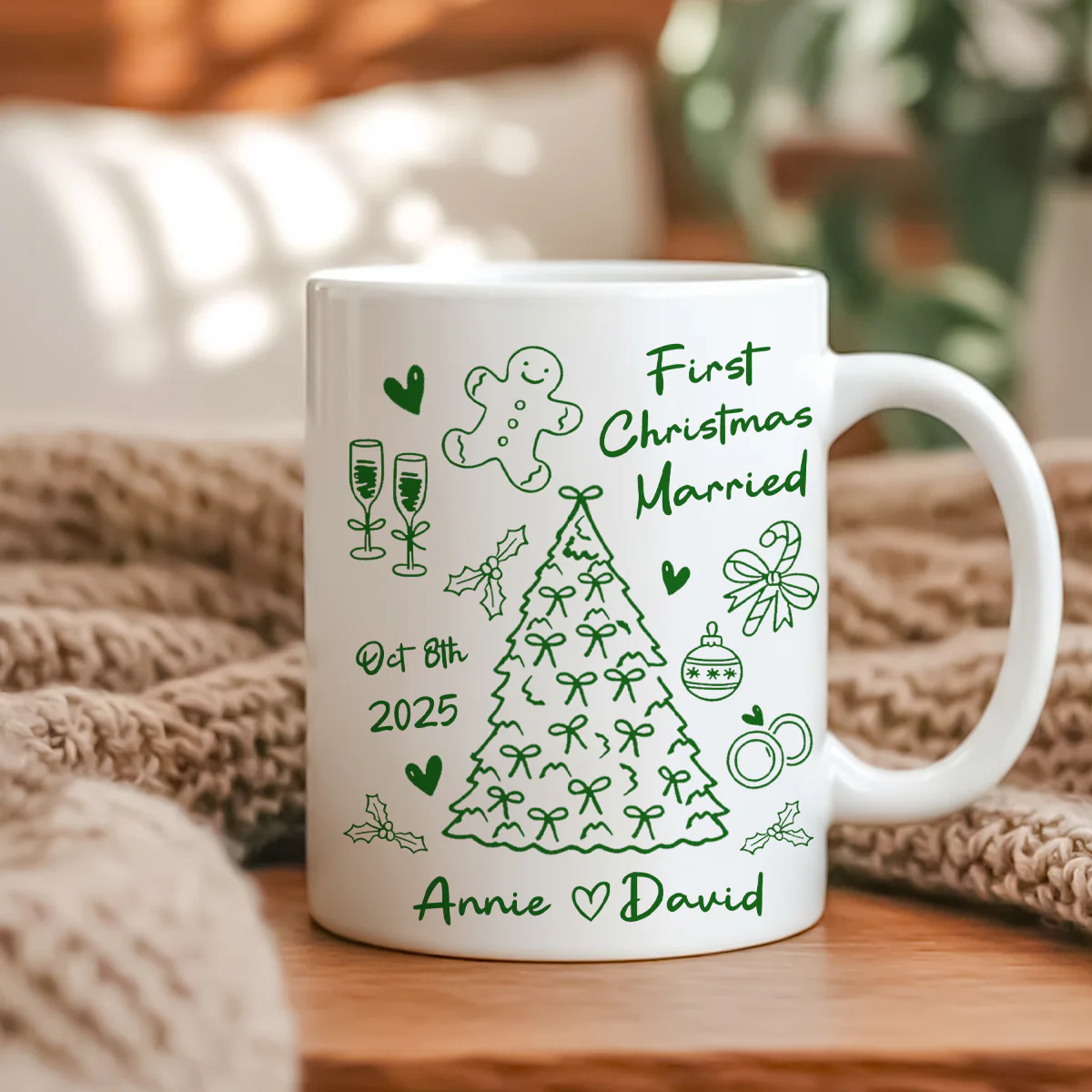 First Christmas Married Doodle Pattern - Personalized Mug - Christmas Gift For Him, For Her, For Couple - Image 8