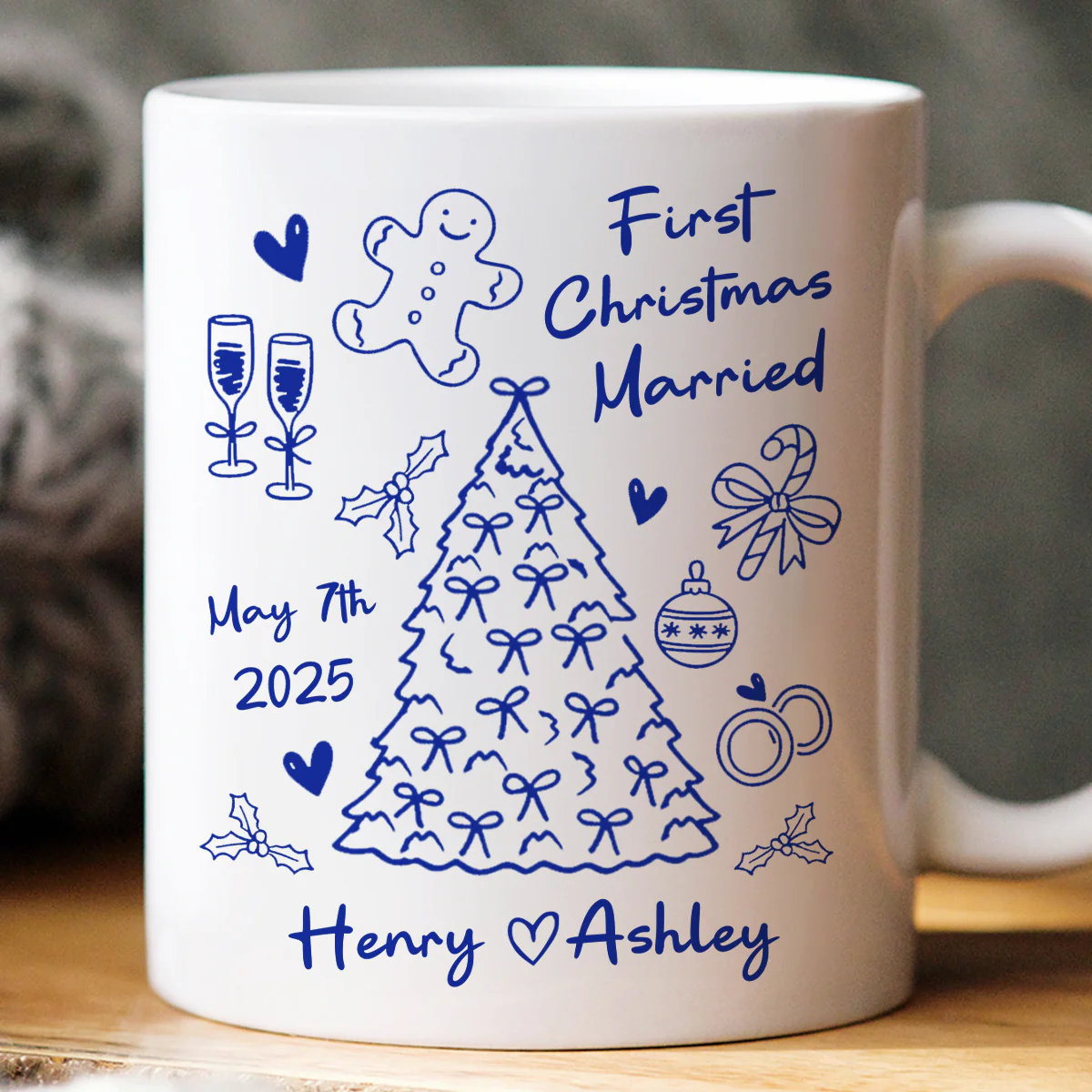 First Christmas Married Doodle Pattern - Personalized Mug - Christmas Gift For Him, For Her, For Couple - Image 9