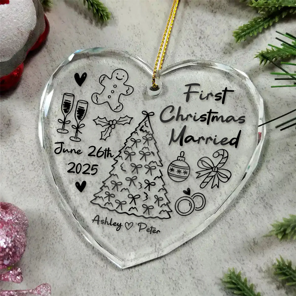 First Christmas Married Doodle - Personalized Glass Ornament - Christmas Gift For Him, For Her, For Couple - Image 3
