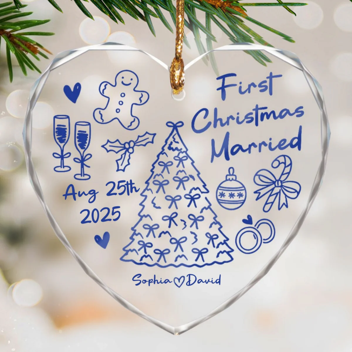 First Christmas Married Doodle - Personalized Glass Ornament - Christmas Gift For Him, For Her, For Couple - Image 9