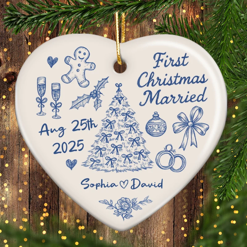 First Christmas Married Toile De Jouy Pattern - Personalized Ceramic Ornament - Christmas Gift For Him, For Her, For Couple - Image 10