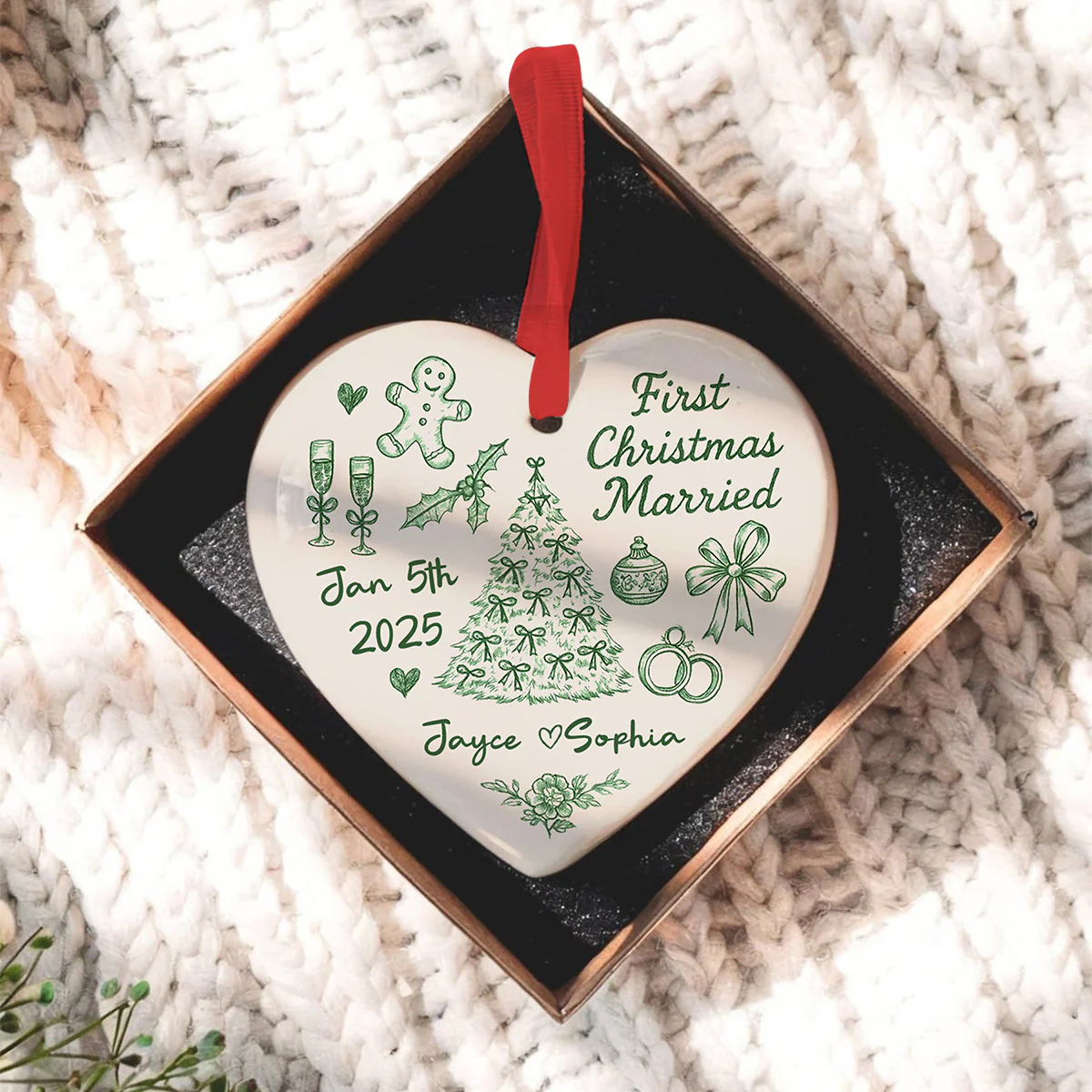 First Christmas Married Toile De Jouy Pattern - Personalized Ceramic Ornament - Christmas Gift For Him, For Her, For Couple - Image 3