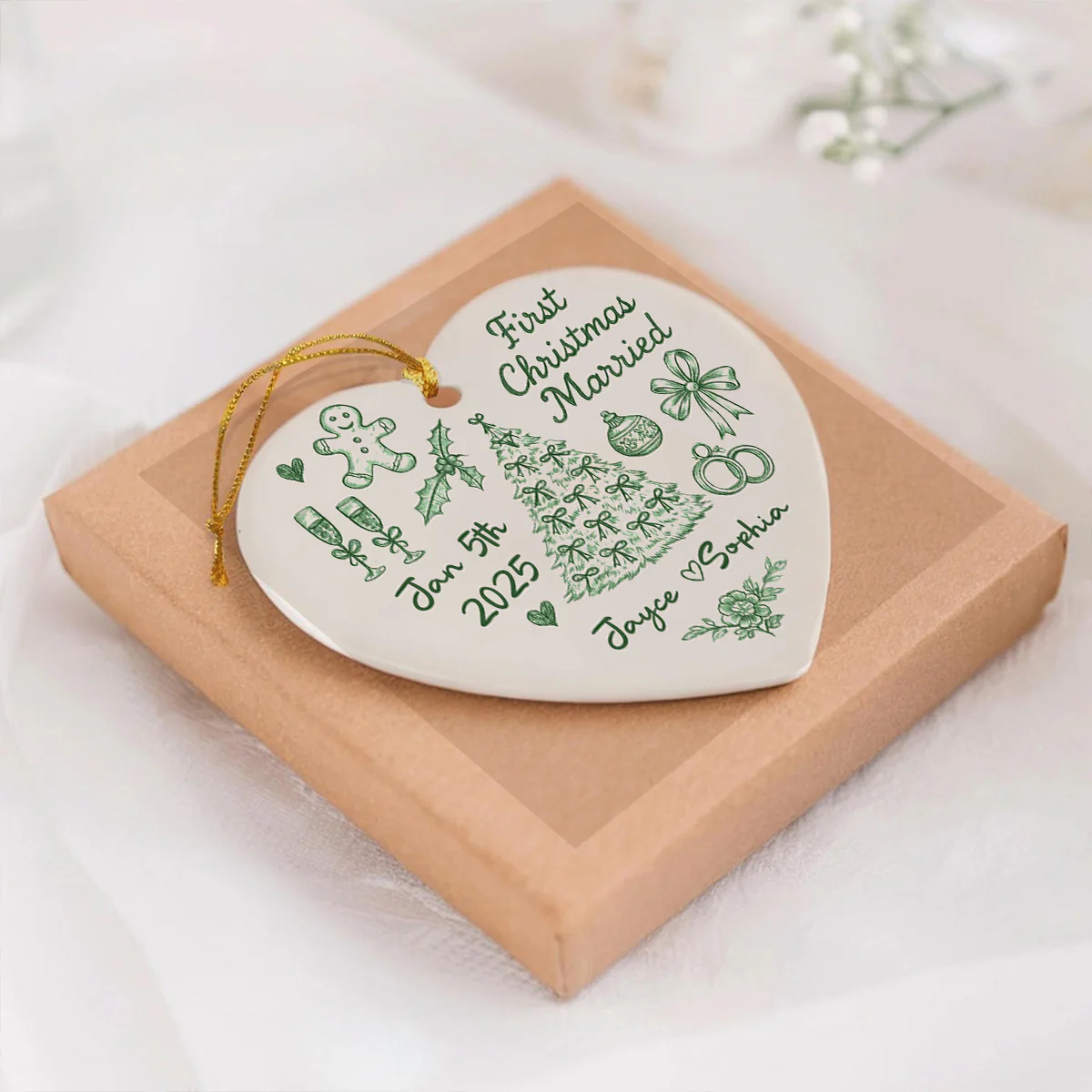 First Christmas Married Toile De Jouy Pattern - Personalized Ceramic Ornament - Christmas Gift For Him, For Her, For Couple - Image 4