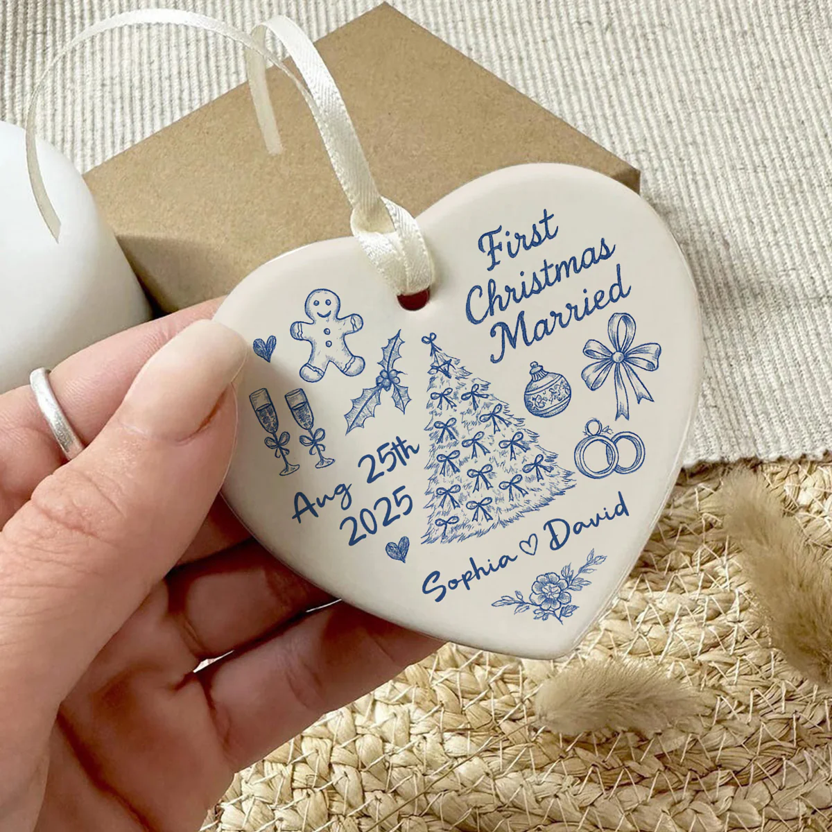 First Christmas Married Toile De Jouy Pattern - Personalized Ceramic Ornament - Christmas Gift For Him, For Her, For Couple - Image 5
