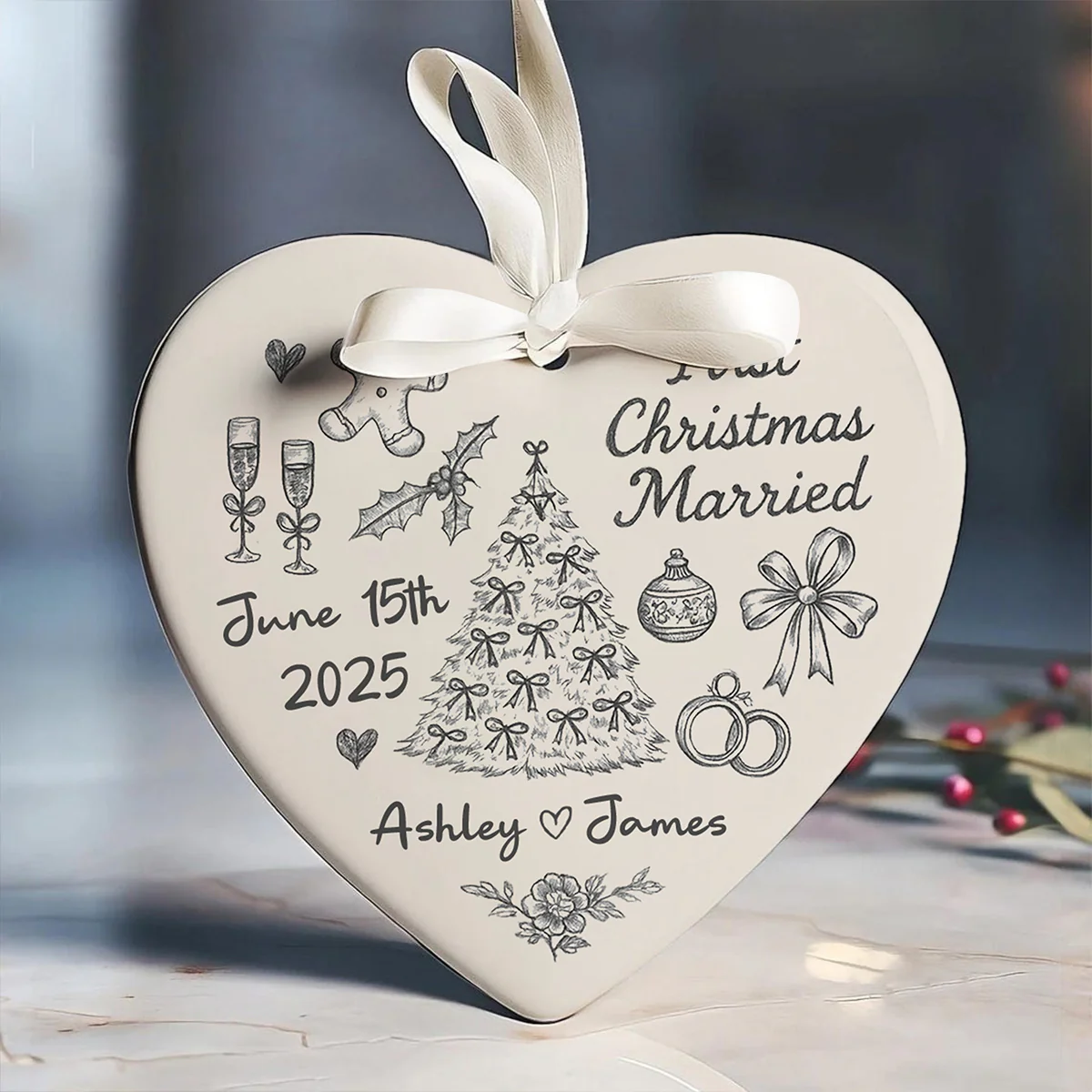 First Christmas Married Toile De Jouy Pattern - Personalized Ceramic Ornament - Christmas Gift For Him, For Her, For Couple - Image 6