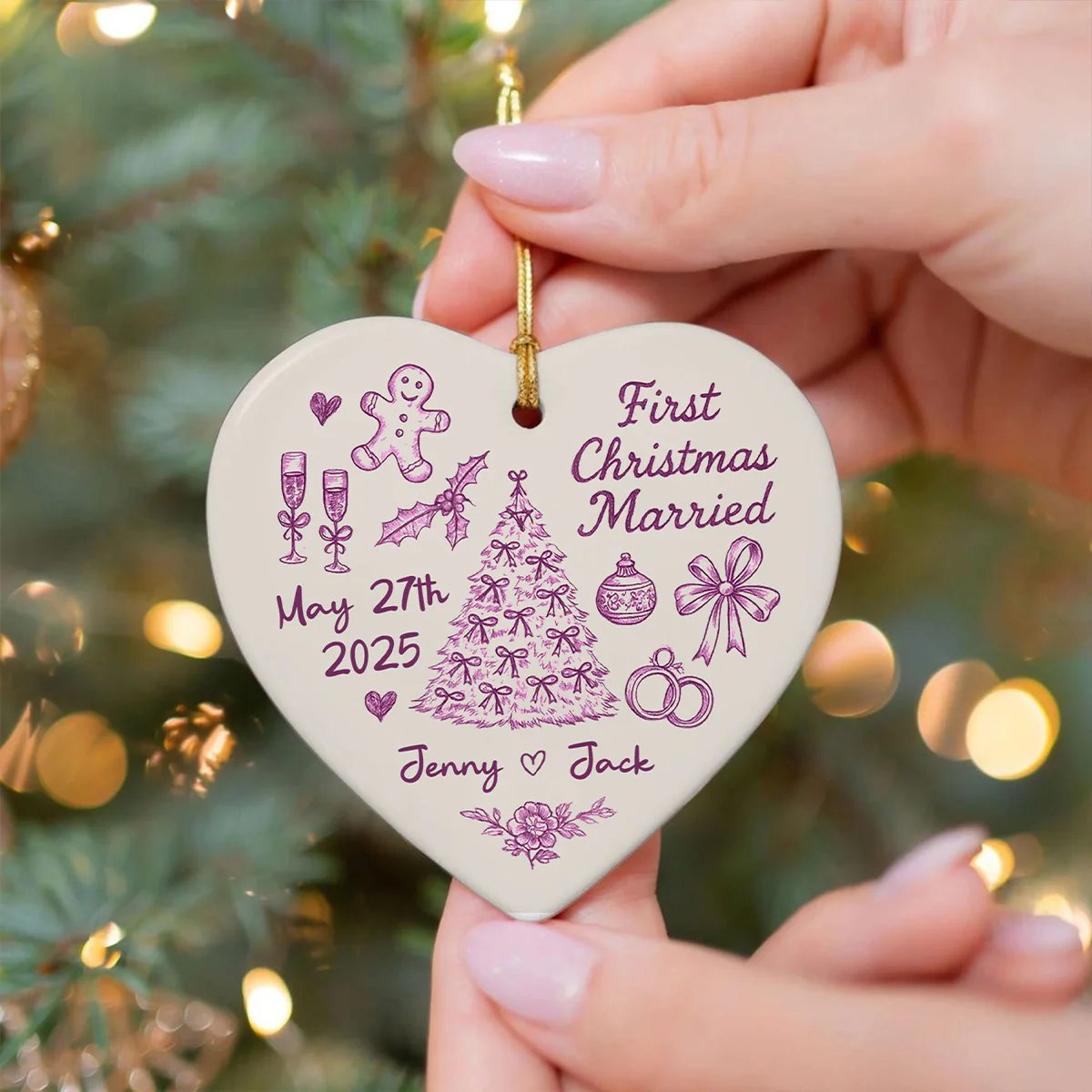 First Christmas Married Toile De Jouy Pattern - Personalized Ceramic Ornament - Christmas Gift For Him, For Her, For Couple - Image 7