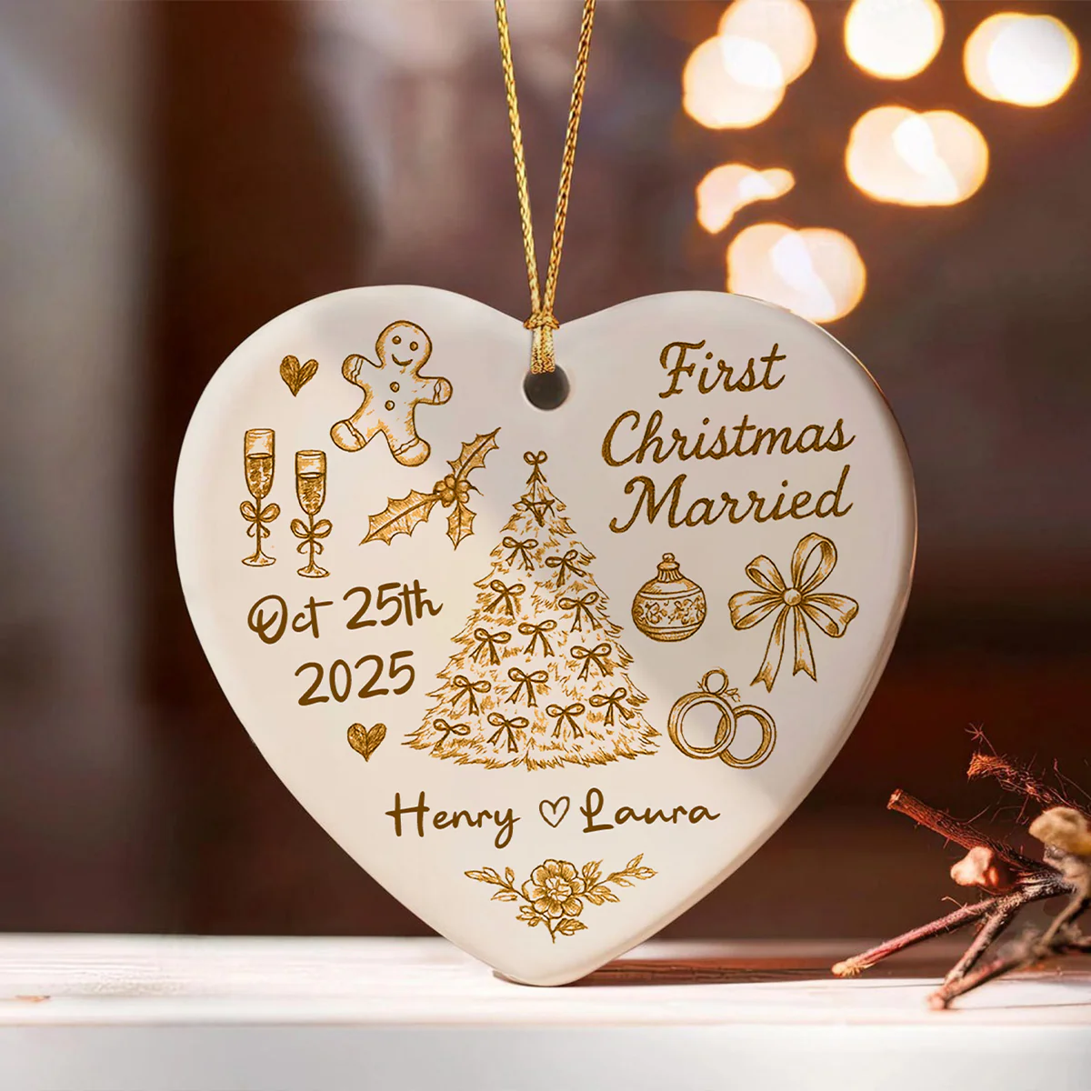 First Christmas Married Toile De Jouy Pattern - Personalized Ceramic Ornament - Christmas Gift For Him, For Her, For Couple - Image 8