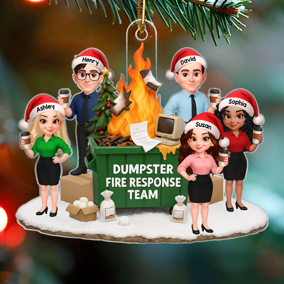 Funny Coworkers Standing around Dumpster Fire - Personalized Acrylic Ornament - Dumpster Fire Response Team, Funny Holiday Gift for Coworkers - Image 4