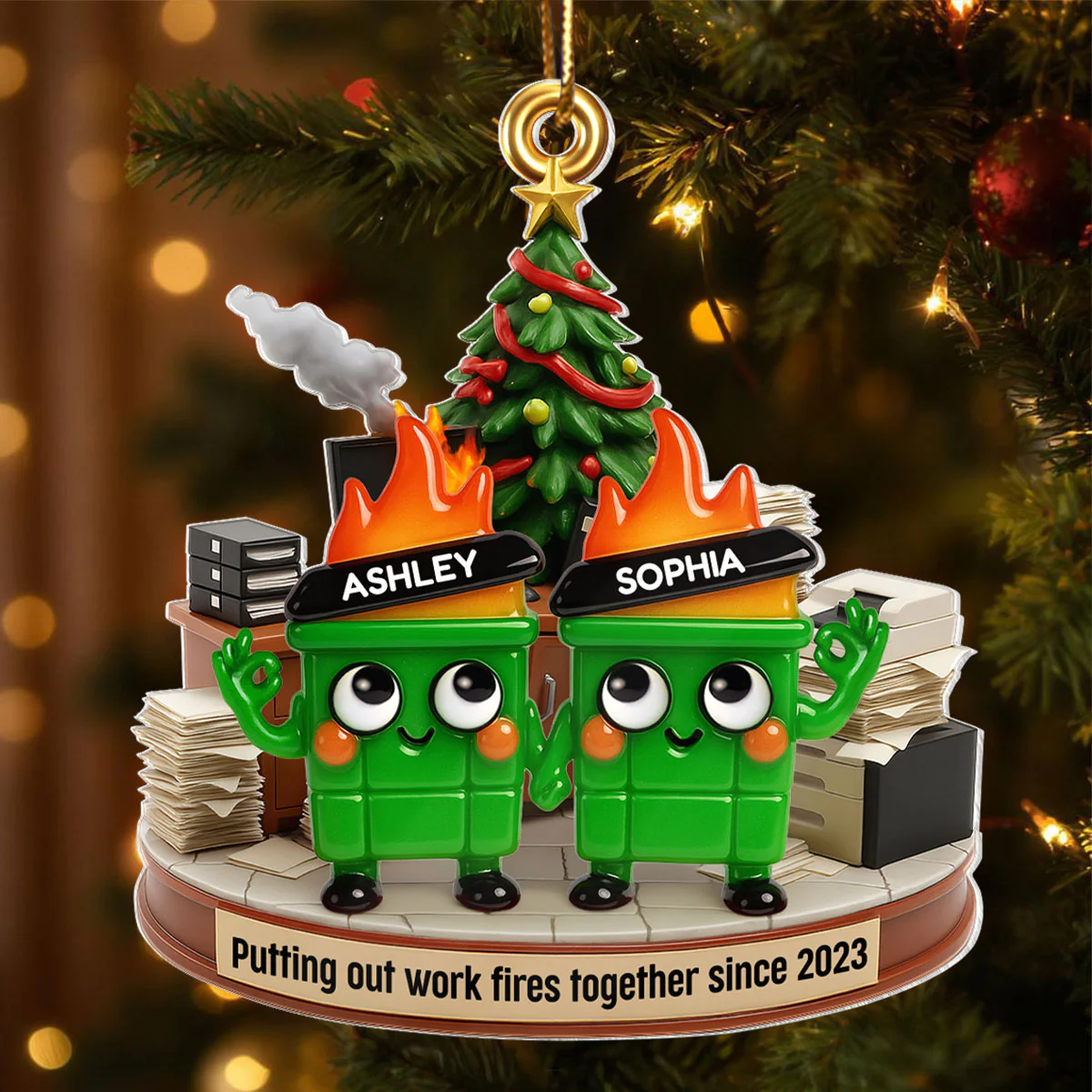 Funny Dumpster Fire Office Chaos Background - Personalized Acrylic Ornament - Funny Coworker Christmas Gift, White Elephant Gift for Coworkers - Image 3