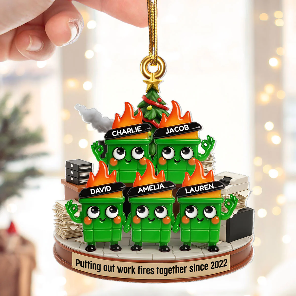 Funny Dumpster Fire Office Chaos Background - Personalized Acrylic Ornament - Funny Coworker Christmas Gift, White Elephant Gift for Coworkers - Image 4