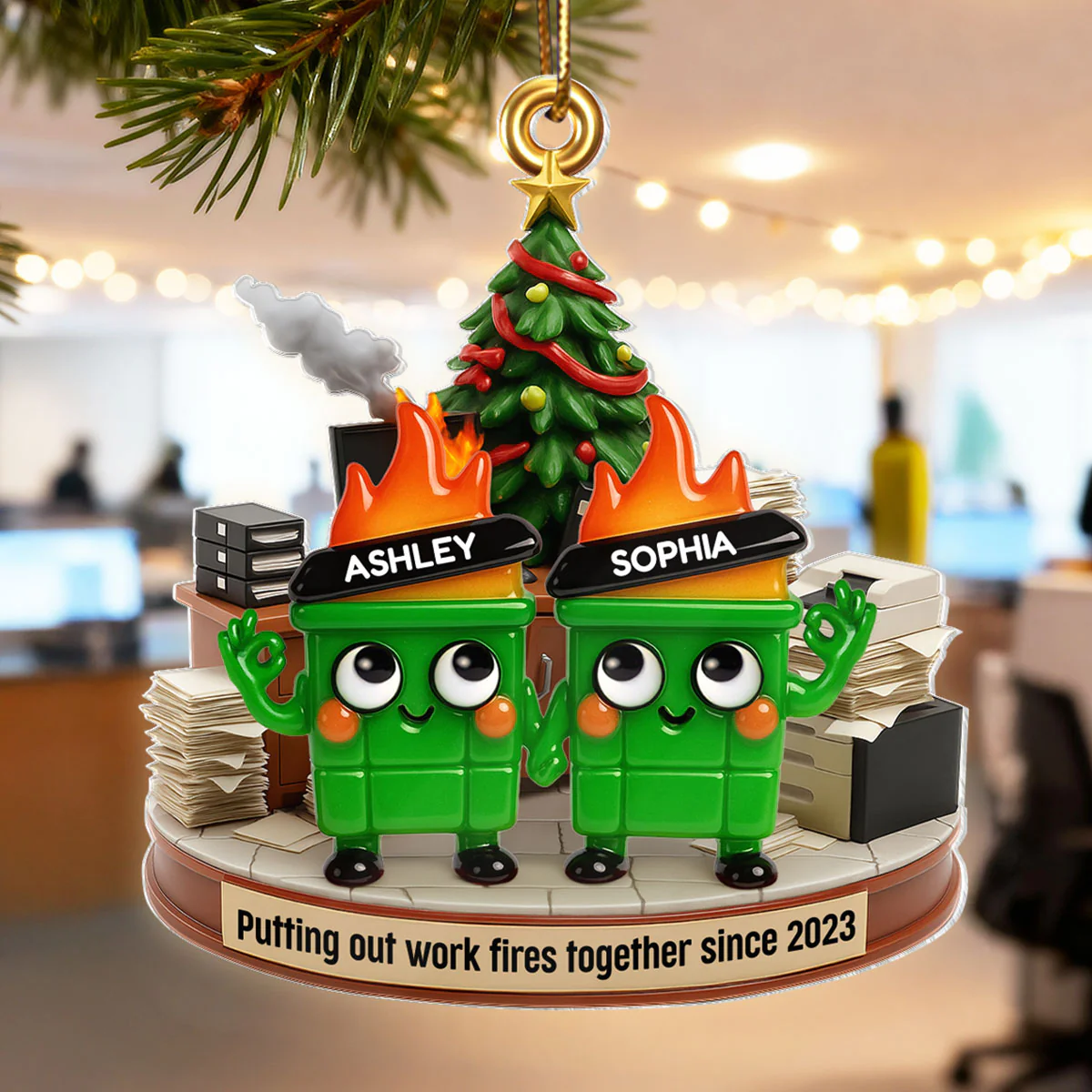 Funny Dumpster Fire Office Chaos Background - Personalized Acrylic Ornament - Funny Coworker Christmas Gift, White Elephant Gift for Coworkers - Image 5