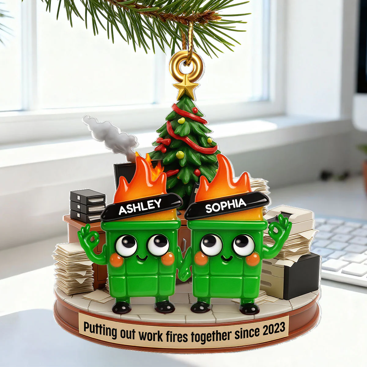Funny Dumpster Fire Office Chaos Background - Personalized Acrylic Ornament - Funny Coworker Christmas Gift, White Elephant Gift for Coworkers - Image 7