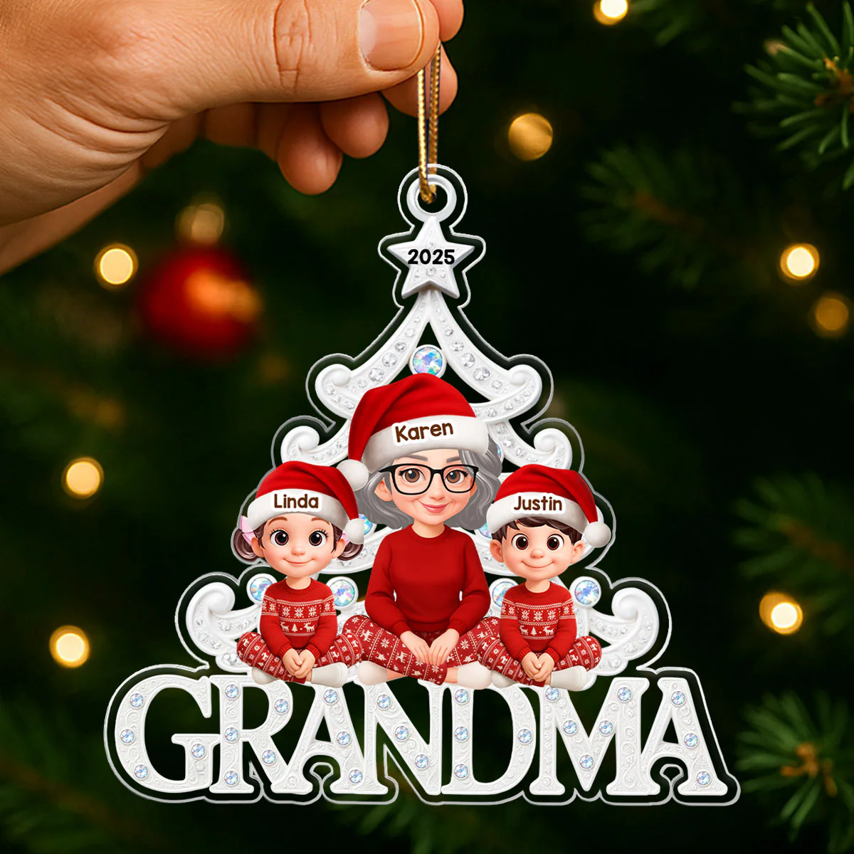 Grandma Grandkids Sitting Metallic Crystal Effect - Personalized Acrylic Ornament - Christmas Gift for Grandma - Image 3