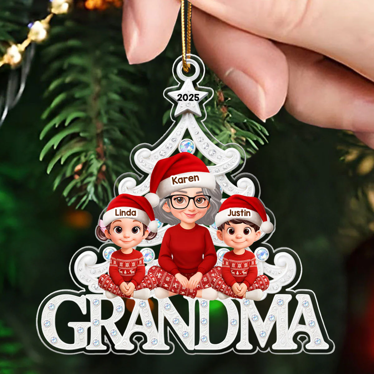 Grandma Grandkids Sitting Metallic Crystal Effect - Personalized Acrylic Ornament - Christmas Gift for Grandma - Image 4