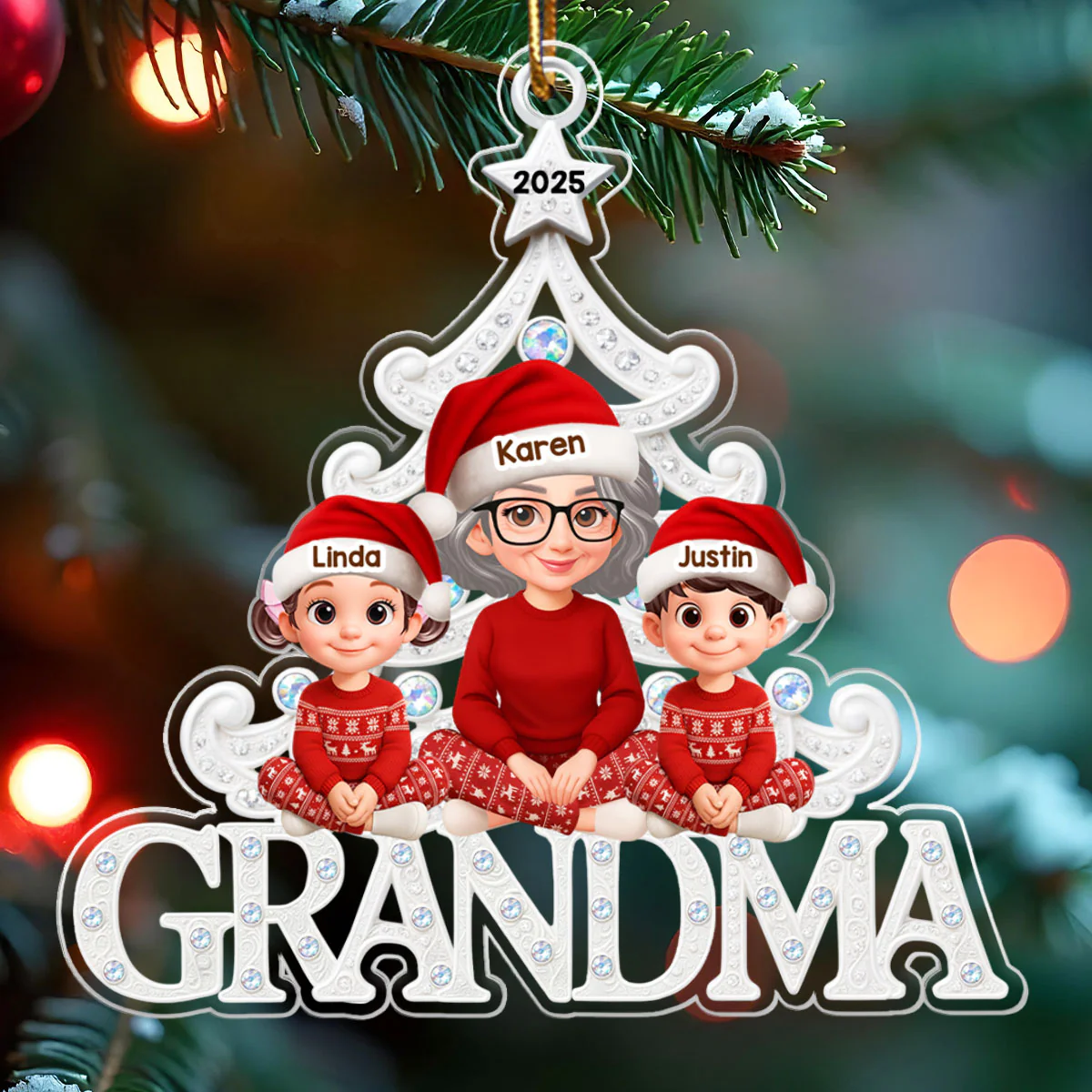 Grandma Grandkids Sitting Metallic Crystal Effect - Personalized Acrylic Ornament - Christmas Gift for Grandma - Image 5