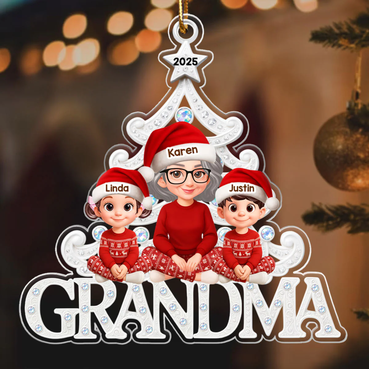 Grandma Grandkids Sitting Metallic Crystal Effect - Personalized Acrylic Ornament - Christmas Gift for Grandma - Image 6